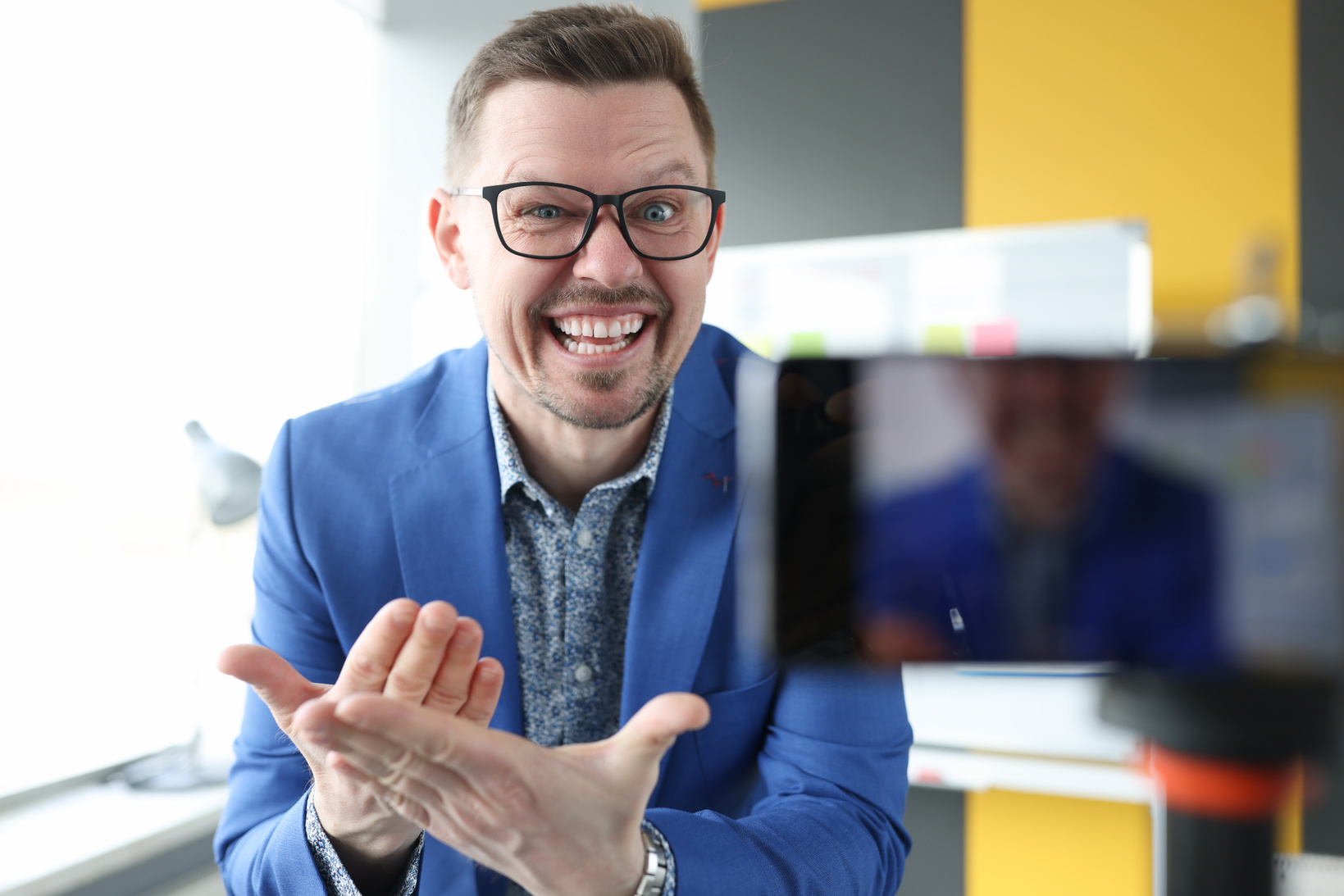 Emotional Man Teaches Online Acting Courses Closeup
